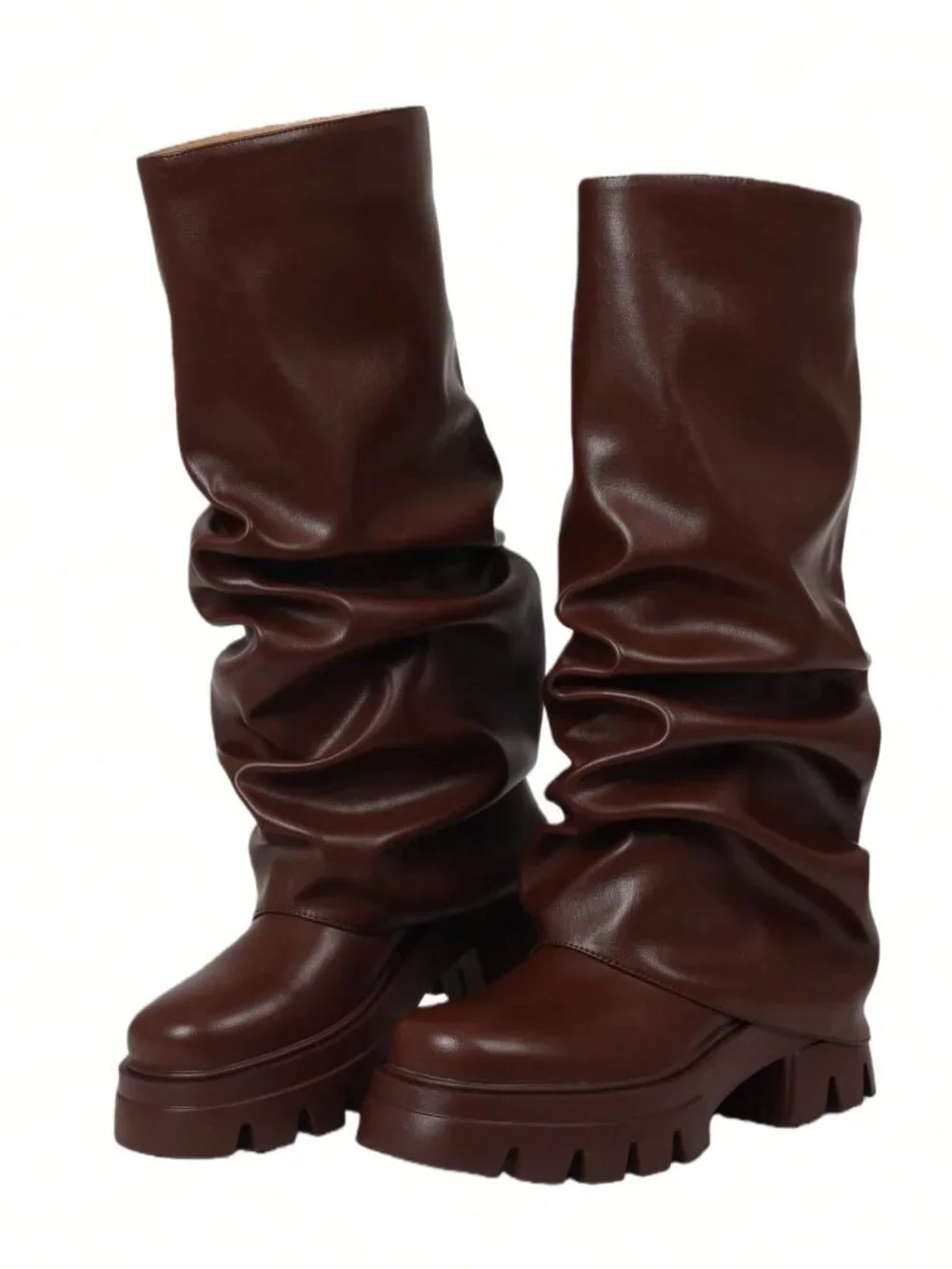 Brown Y2K Women's Platform Slouchy Knee High Slip-On Boots